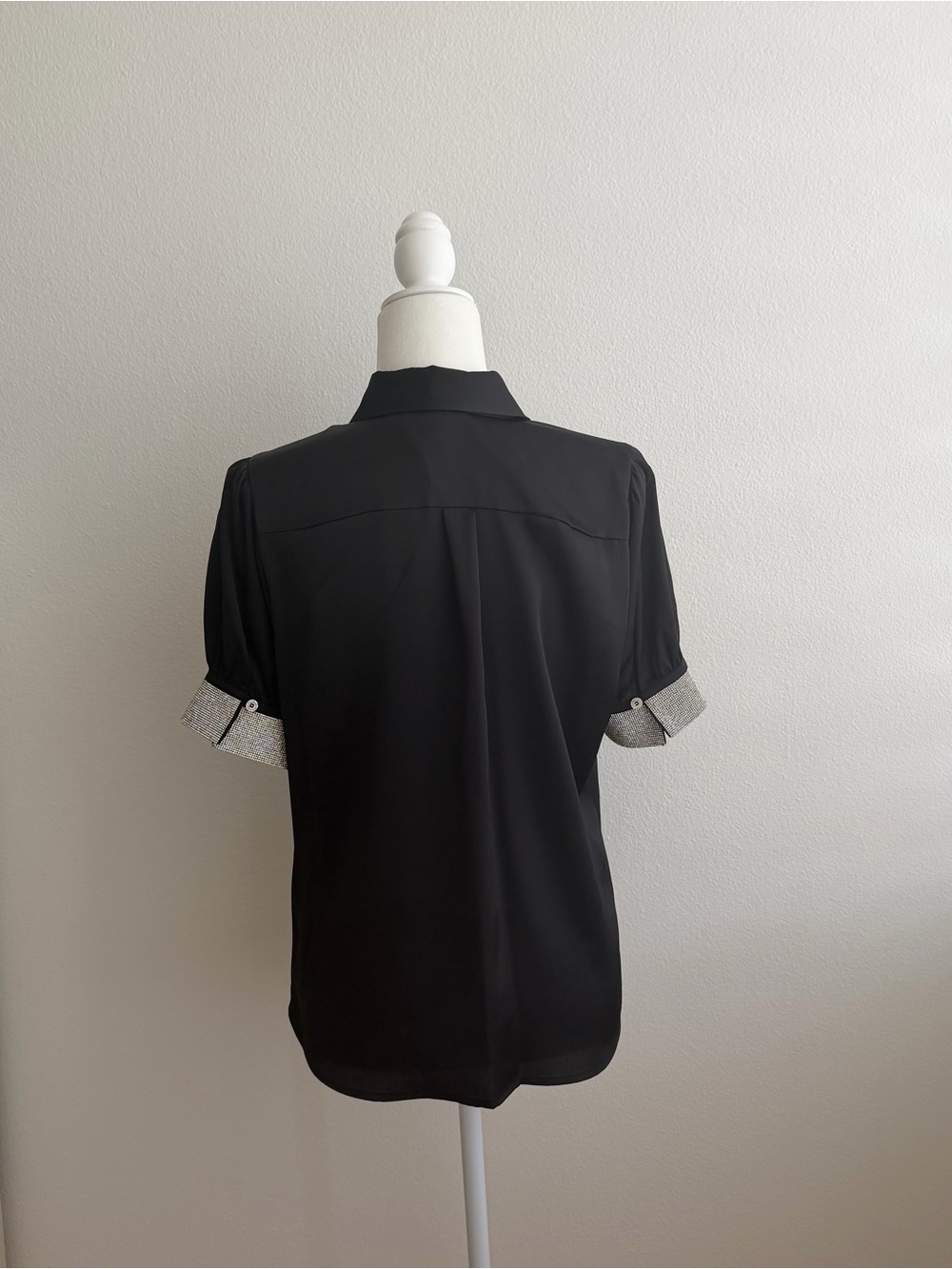 Karl Lagerfeld Paris Black Satin Rhinestone Cuff Blouse - Size Small - Picture 2 of 5